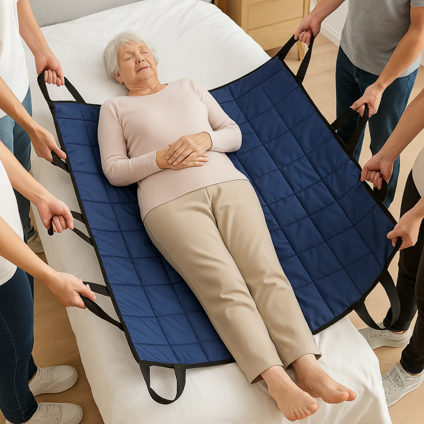 Alfombra de transferencia para pacientes con 6 asas reforzadas — uso médico y cuidado de personas mayores