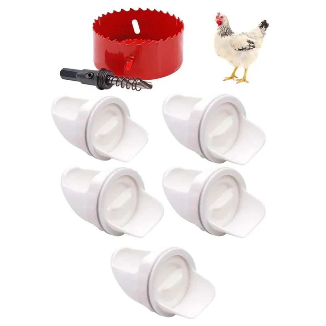 Comedero automático para gallinas y patos, compatible con todo tipo de cubetas – incluye broca y sierra de corona