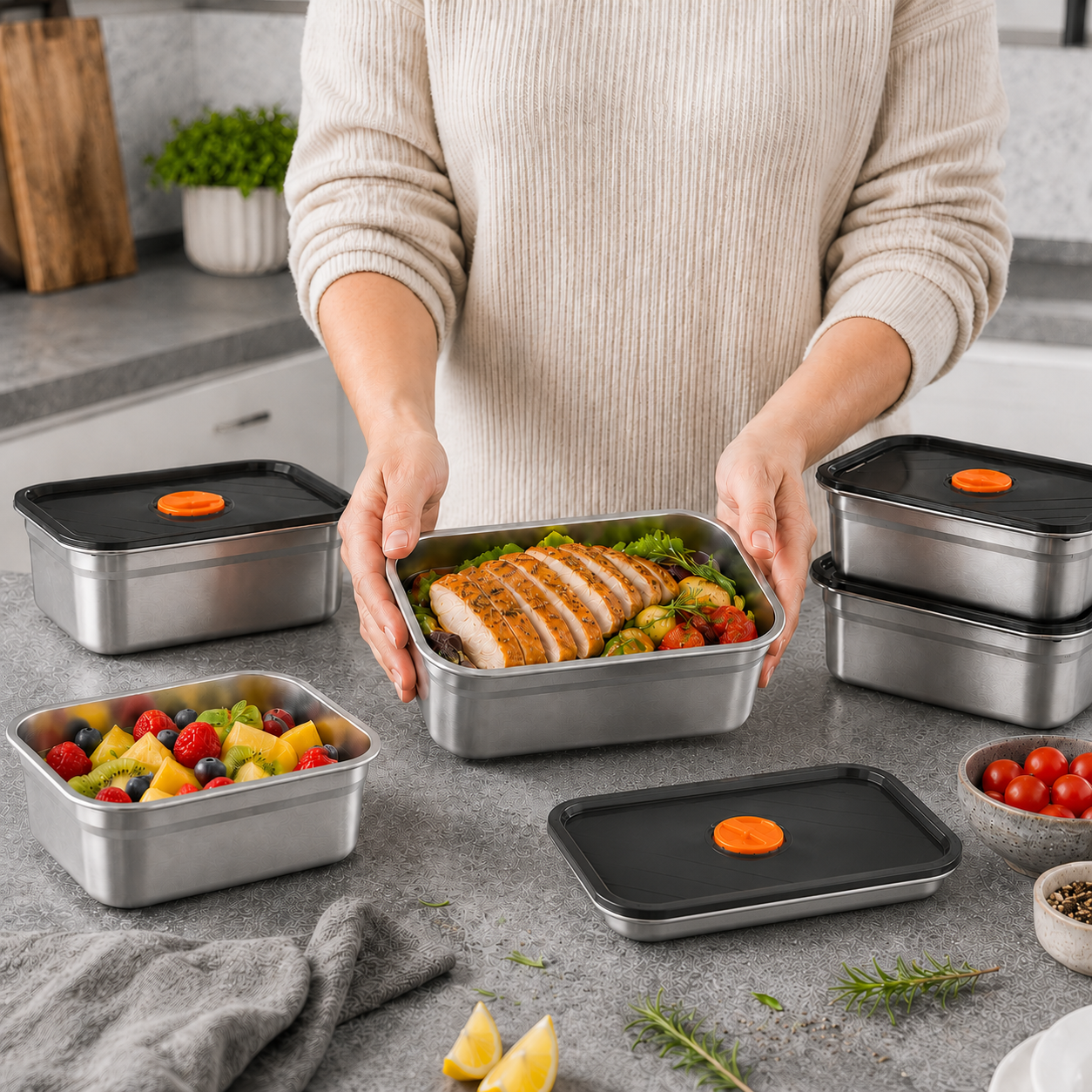 Recipiente Grande Para Alimentos Al Vacío De Acero Inoxidable Antibacteriano De 1500ml (19 x 14 x 8cm)