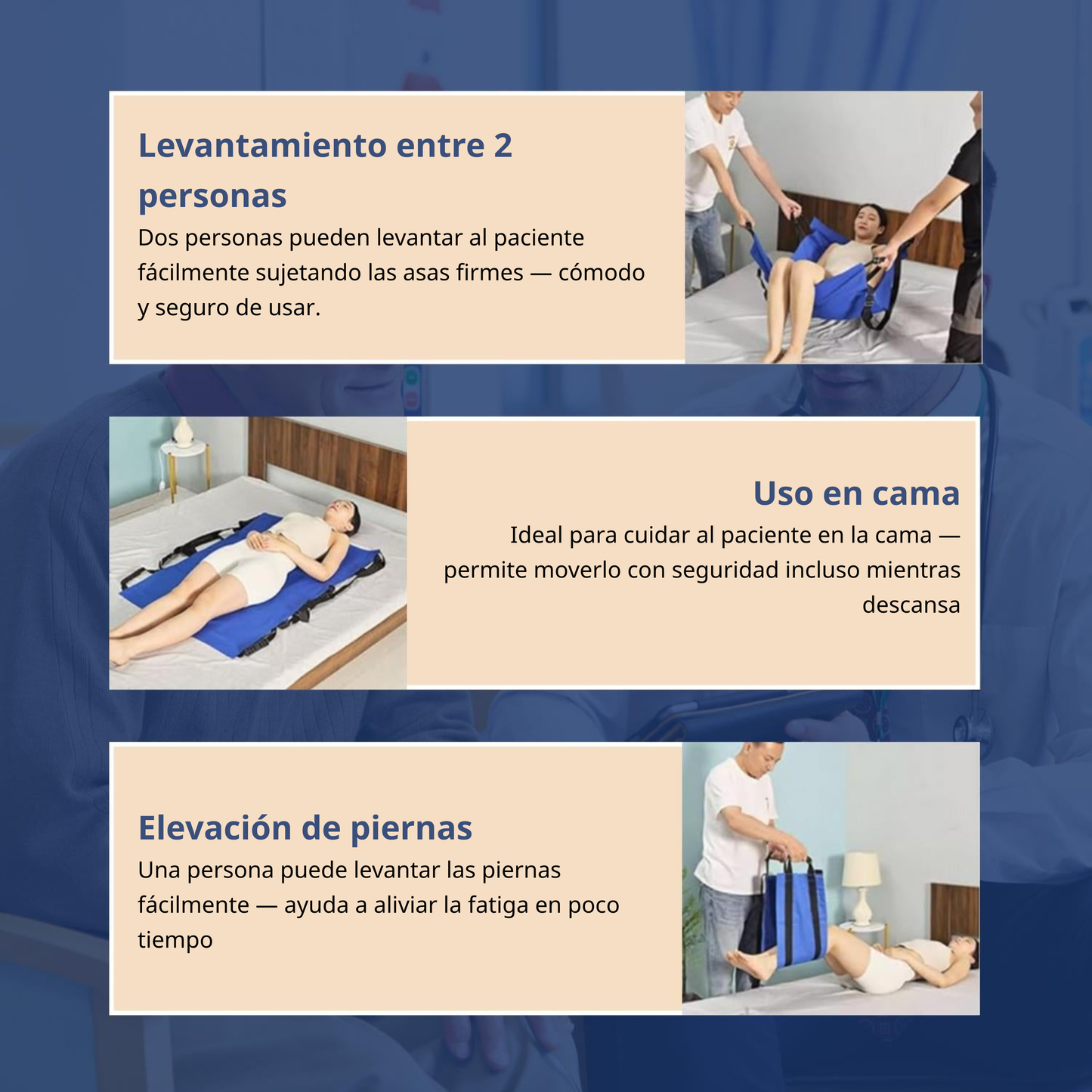 Alfombra de transferencia para pacientes con 6 asas reforzadas — uso médico y cuidado de personas mayores