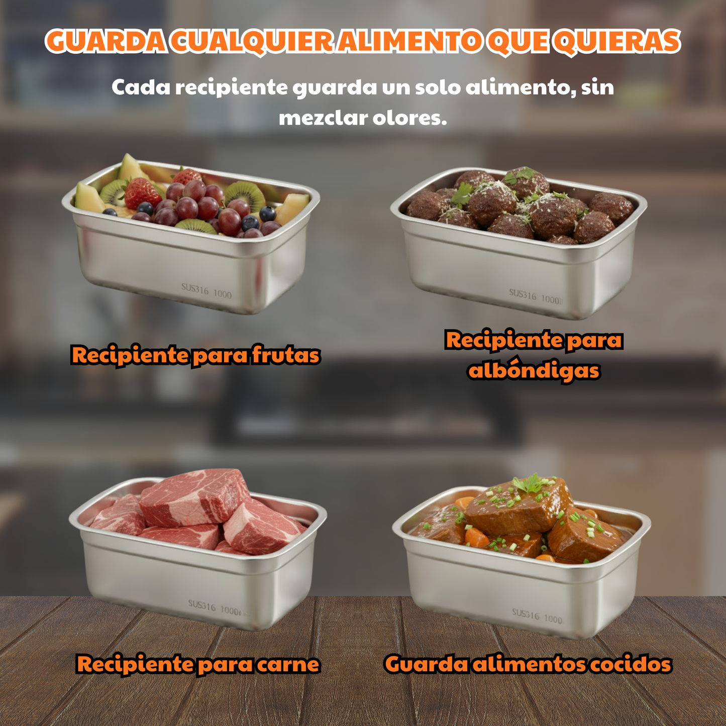Recipiente hermético antibacteriano de acero inoxidable 316 (19 × 14 × 6 cm)