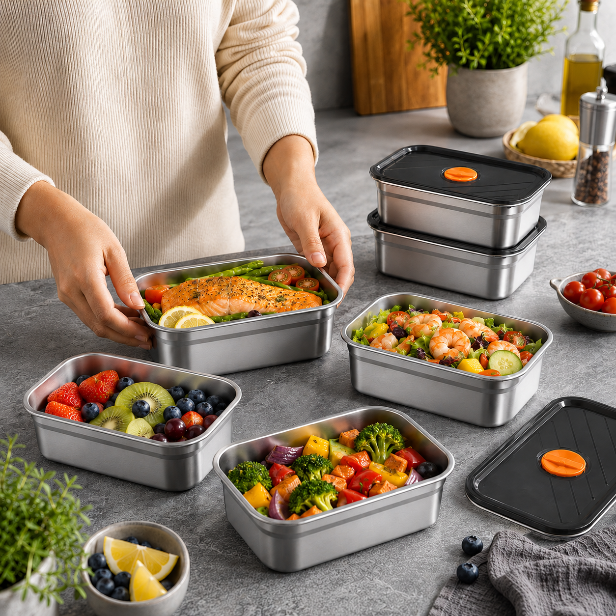 Recipiente Grande Para Alimentos Al Vacío De Acero Inoxidable Antibacteriano De 1000ml