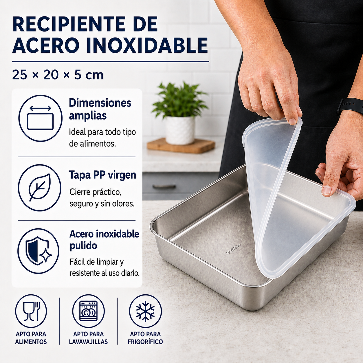Recipientes inox SUS304 | Alimentos frescos por más tiempo (25×20×5 cm)