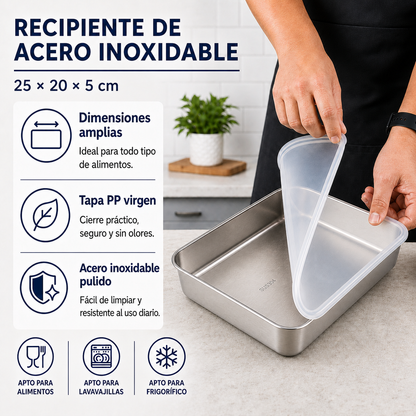 Recipientes inox SUS304 | Alimentos frescos por más tiempo (25×20×5 cm)