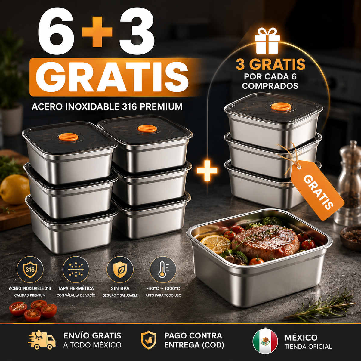Recipiente Grande Para Alimentos Al Vacío De Acero Inoxidable Antibacteriano De 1500ml (19x14x8cm)