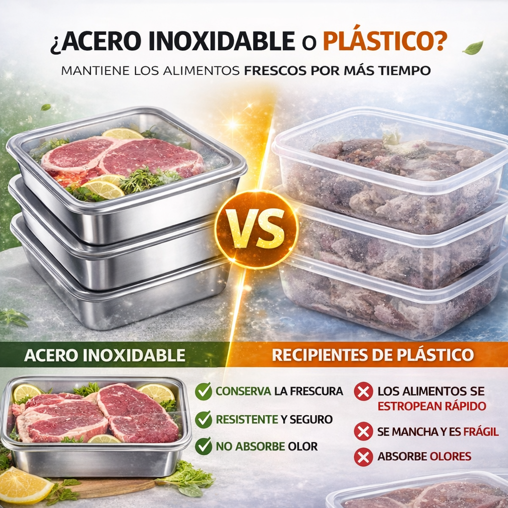 Recipiente de acero inoxidable 304 de 2500 ml – Una solución segura y práctica para conservar alimentos (25×20×6 cm)