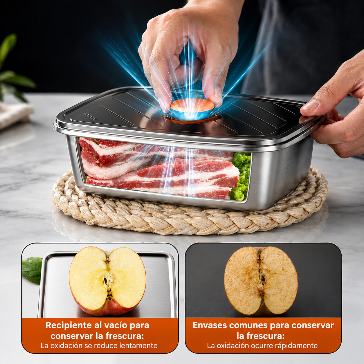 Recipiente antibacteriano al vacío para alimentos de acero inoxidable, tamaño grande de 1500 ml (19 × 14 × 8 cm)