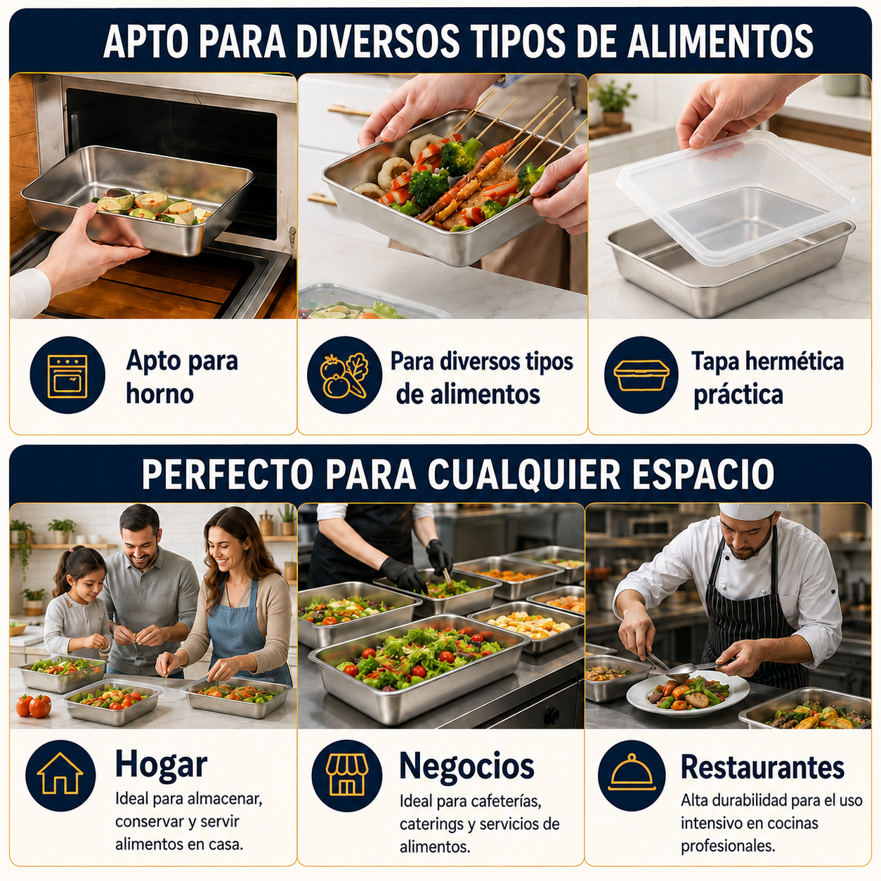 Recipientes inox SUS304 | Alimentos frescos por más tiempo (25×20×5 cm)