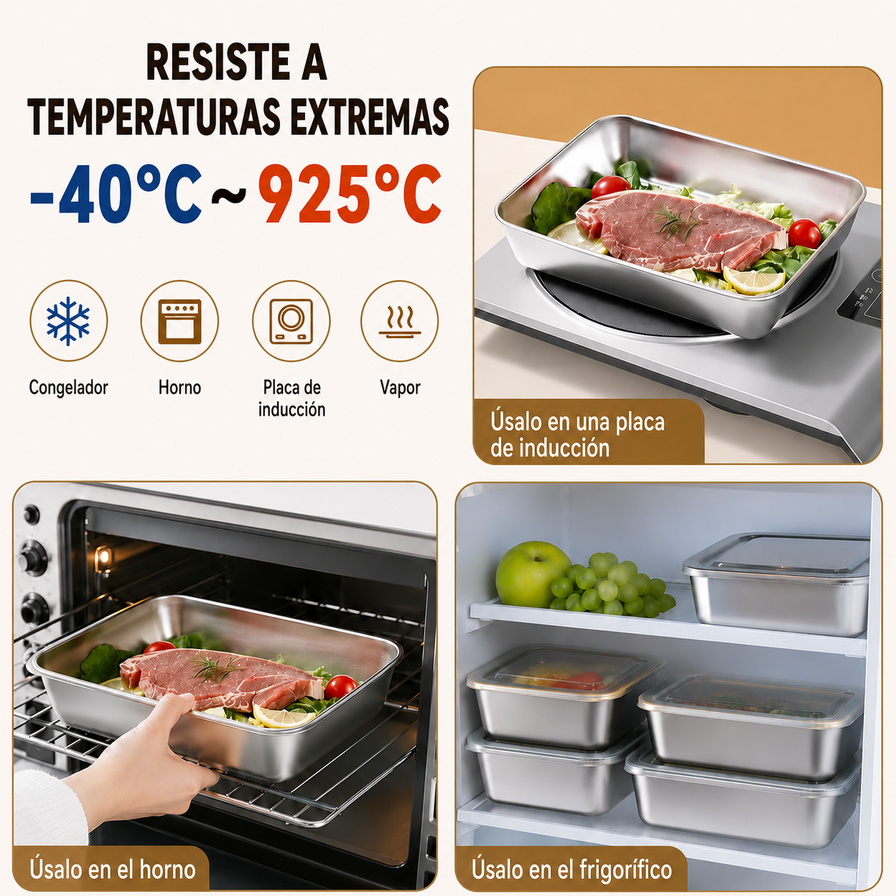 Recipiente hermético de acero inoxidable 304: conserva los alimentos frescos por más tiempo, de forma segura y sin olores.