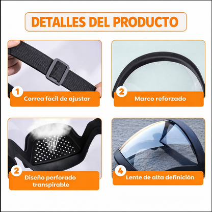 La visera protege el rostro del polvo fino y de la niebla