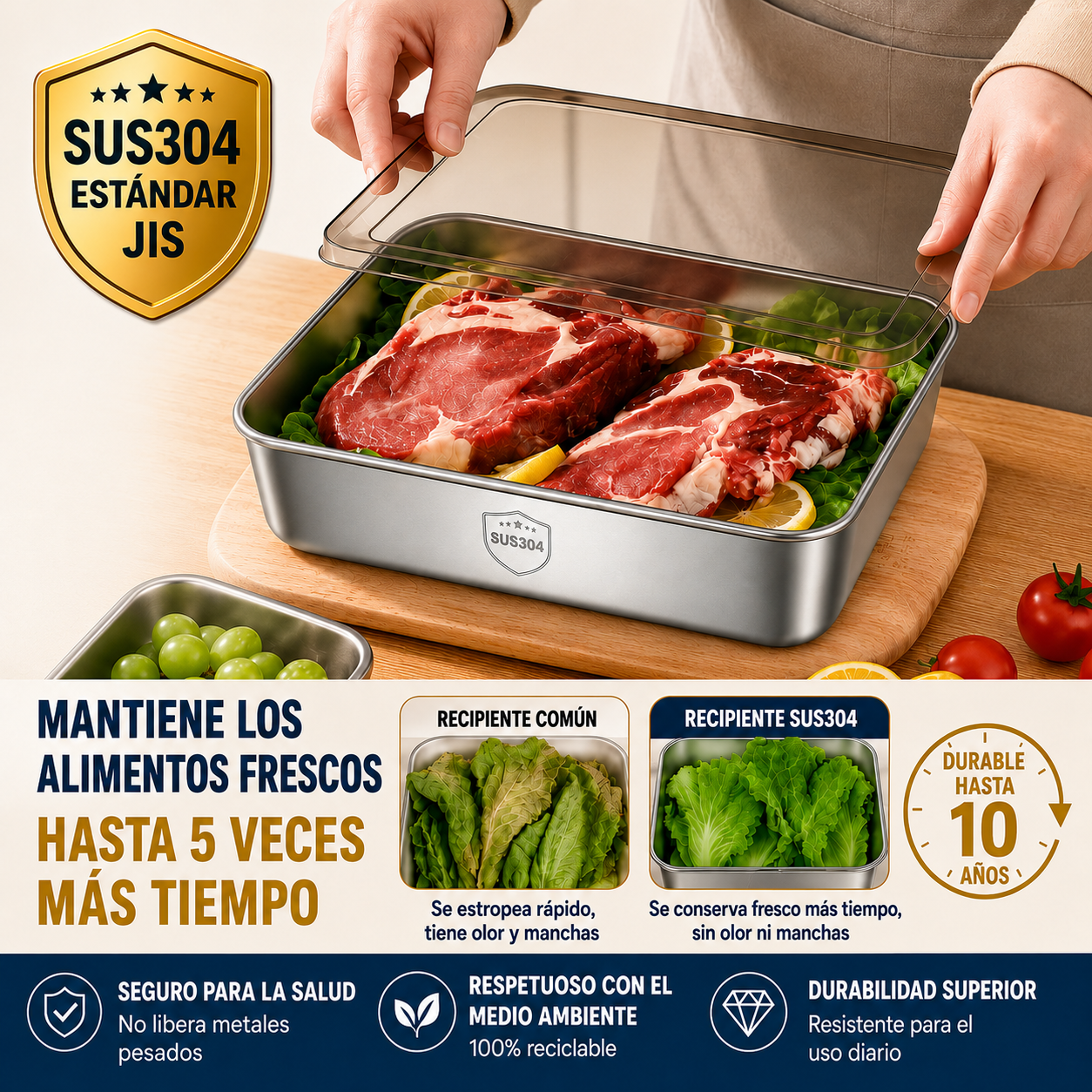 Recipientes inox SUS304 | Alimentos frescos por más tiempo (25×20×5 cm)