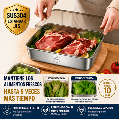 Recipientes inox SUS304 | Alimentos frescos por más tiempo (25×20×5 cm)