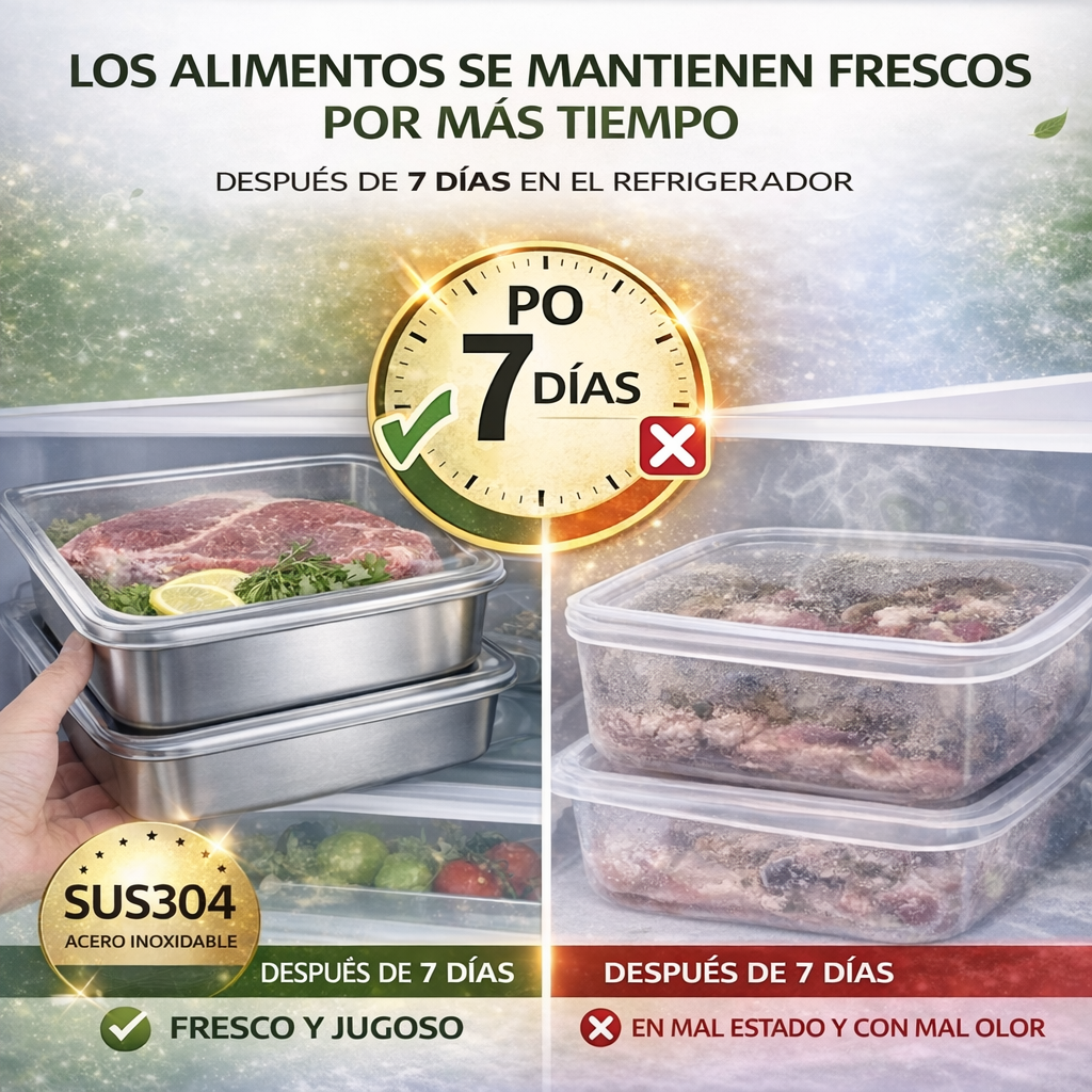 Recipiente de acero inoxidable 304 de 2500 ml – Una solución segura y práctica para conservar alimentos (25×20×6 cm)