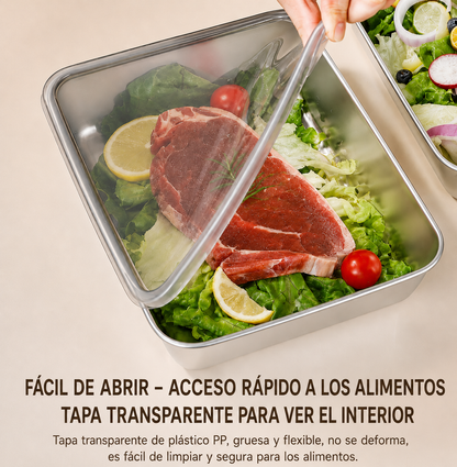 Recipiente hermético de acero inoxidable 304: conserva los alimentos frescos por más tiempo, de forma segura y sin olores.