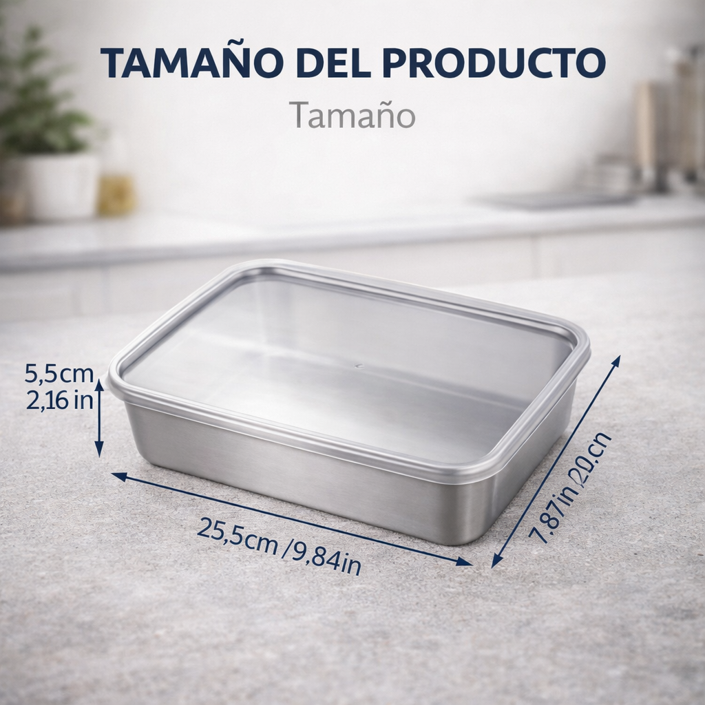 Recipiente de acero inoxidable 304 de 2500 ml – Una solución segura y práctica para conservar alimentos (25×20×6 cm)