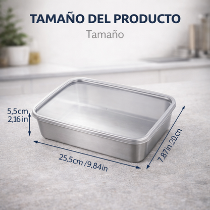 Recipiente de acero inoxidable 304 de 2500 ml – Una solución segura y práctica para conservar alimentos (25×20×6 cm)