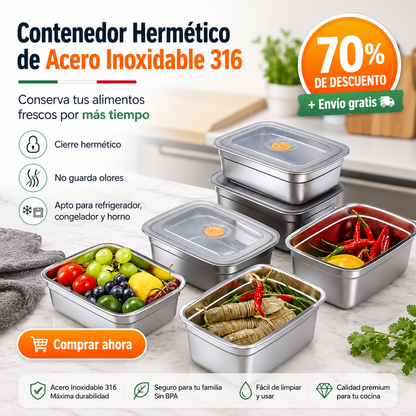 Recipiente hermético grande para alimentos de acero inoxidable antibacteriano – 1500 ml (19 × 14 × 8 cm)