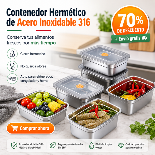 Recipiente hermético grande para alimentos de acero inoxidable antibacteriano – 1500 ml (19 × 14 × 8 cm)