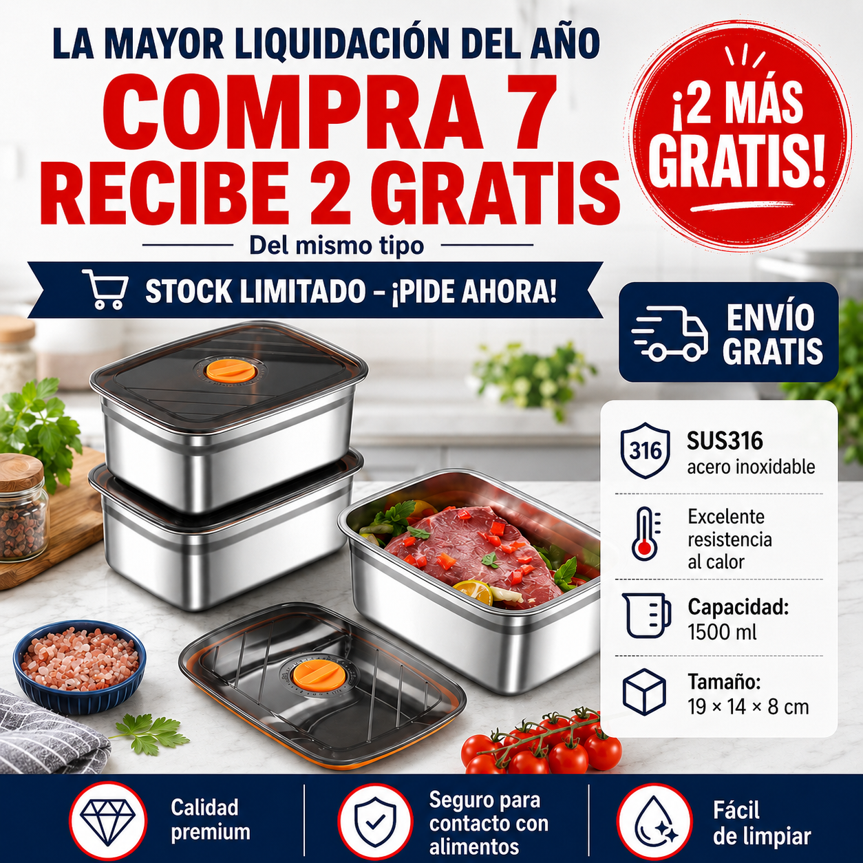 Recipiente de acero inoxidable 316 con capacidad de 1000 ml – Solución segura y práctica para el almacenamiento de alimentos (19 × 14 × 6cm)