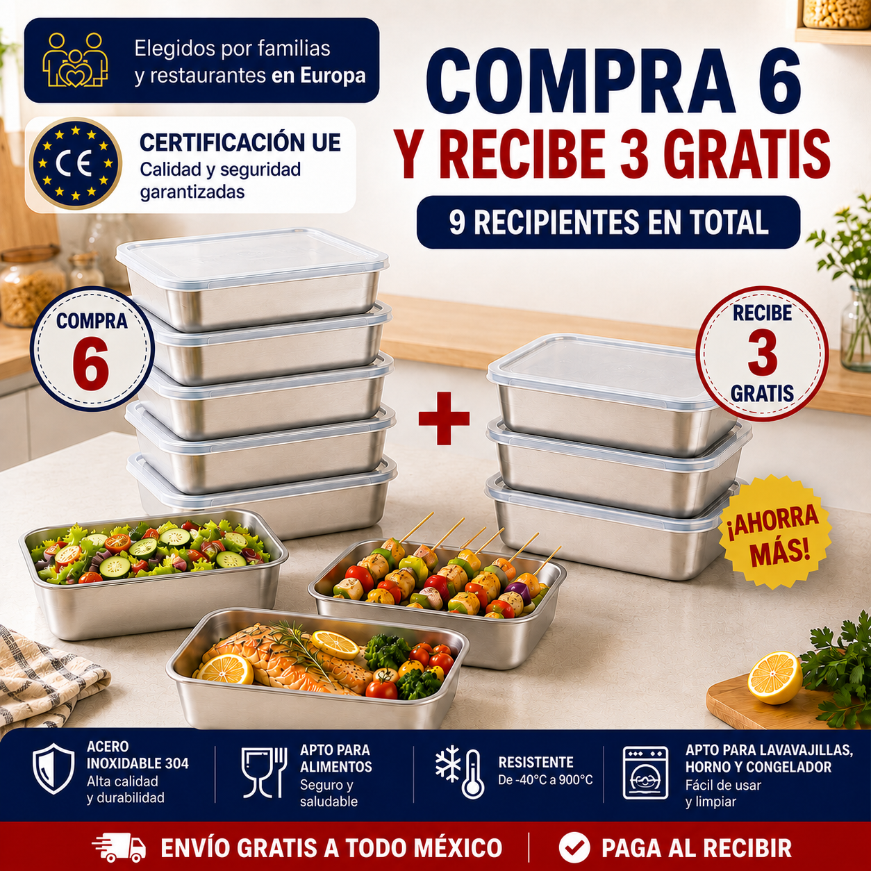 Recipientes inox SUS304 | Alimentos frescos por más tiempo (25×20×5 cm)